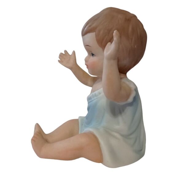 Vintage Piano Baby Bisque Porcelain Figure Blue Boy Arms Up 3.5" Handpainted - Picture 5 of 16